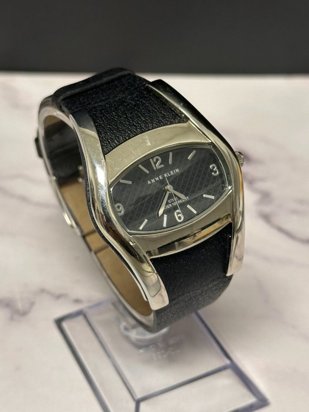 3/$30 Anne Klein Watch Womens Silver Tone Black Dial 41MM Leather Band